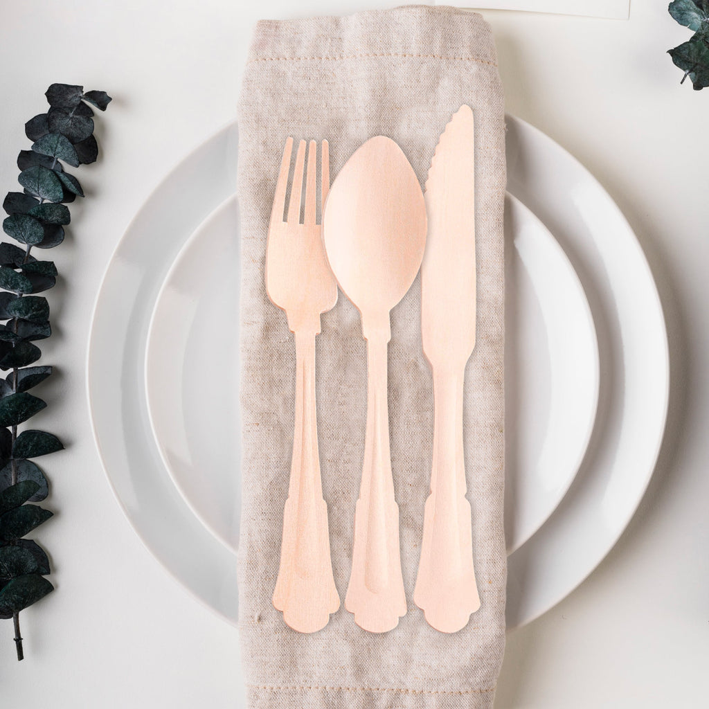 Eco Friendly Silhouette Birch Wood - Compostable Palm Leaf Disposable Wooden Cutlery Set - Spoons, Forks and Knives