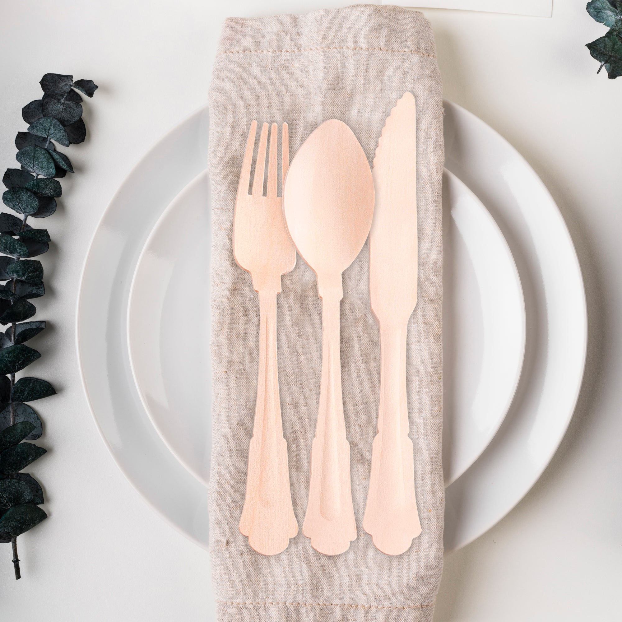 Eco Friendly Silhouette Birch Wood - Compostable Palm Leaf Disposable Wooden Cutlery Set - Spoons, Forks and Knives