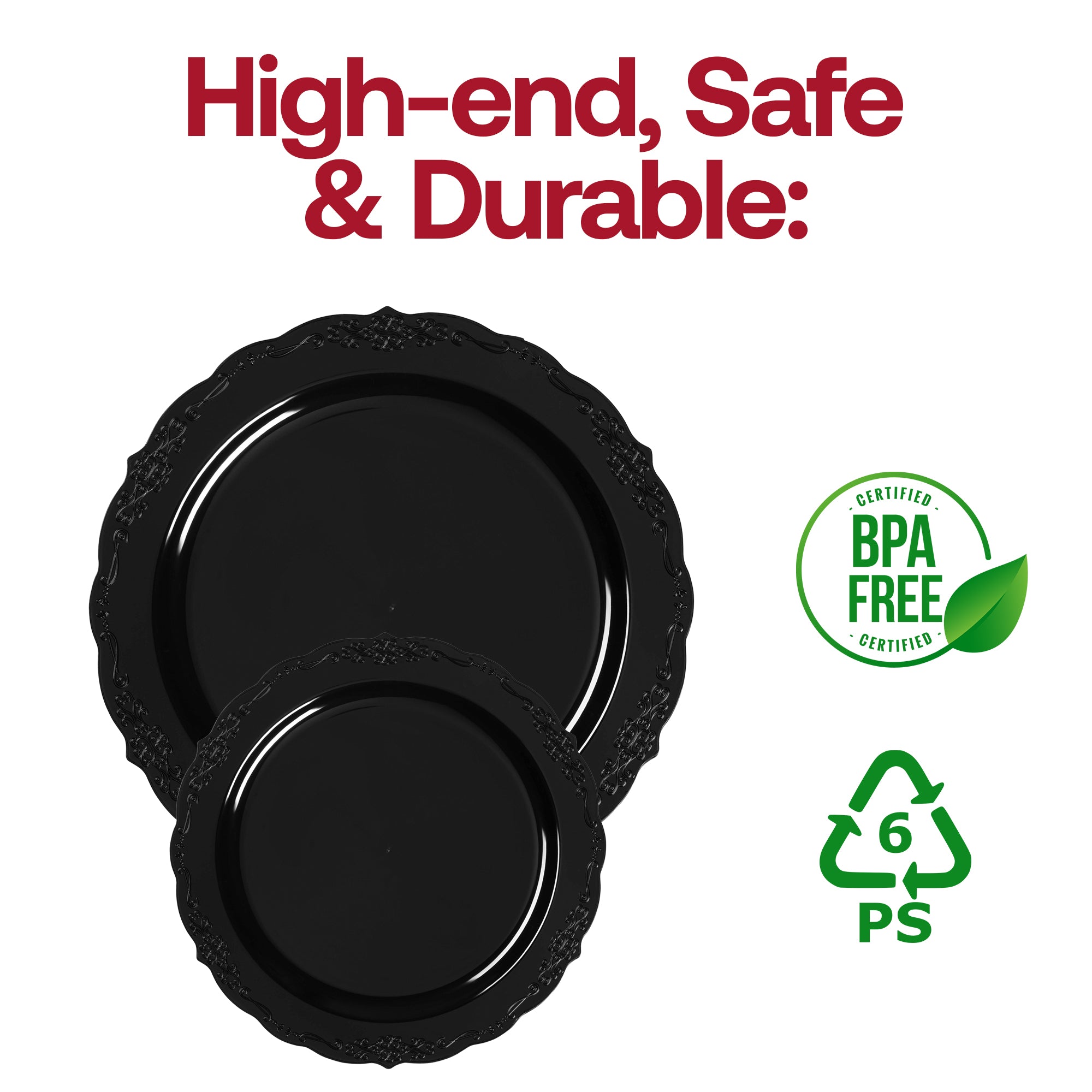 Black Vintage Rim Round Disposable Plastic Dinner Plates (10")