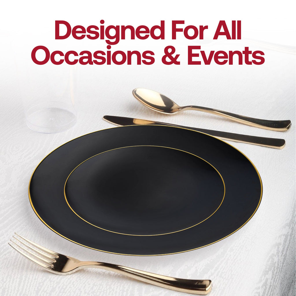 Black with Gold Rim Organic Round Disposable Plastic Appetizer/Salad Plates (7.5")