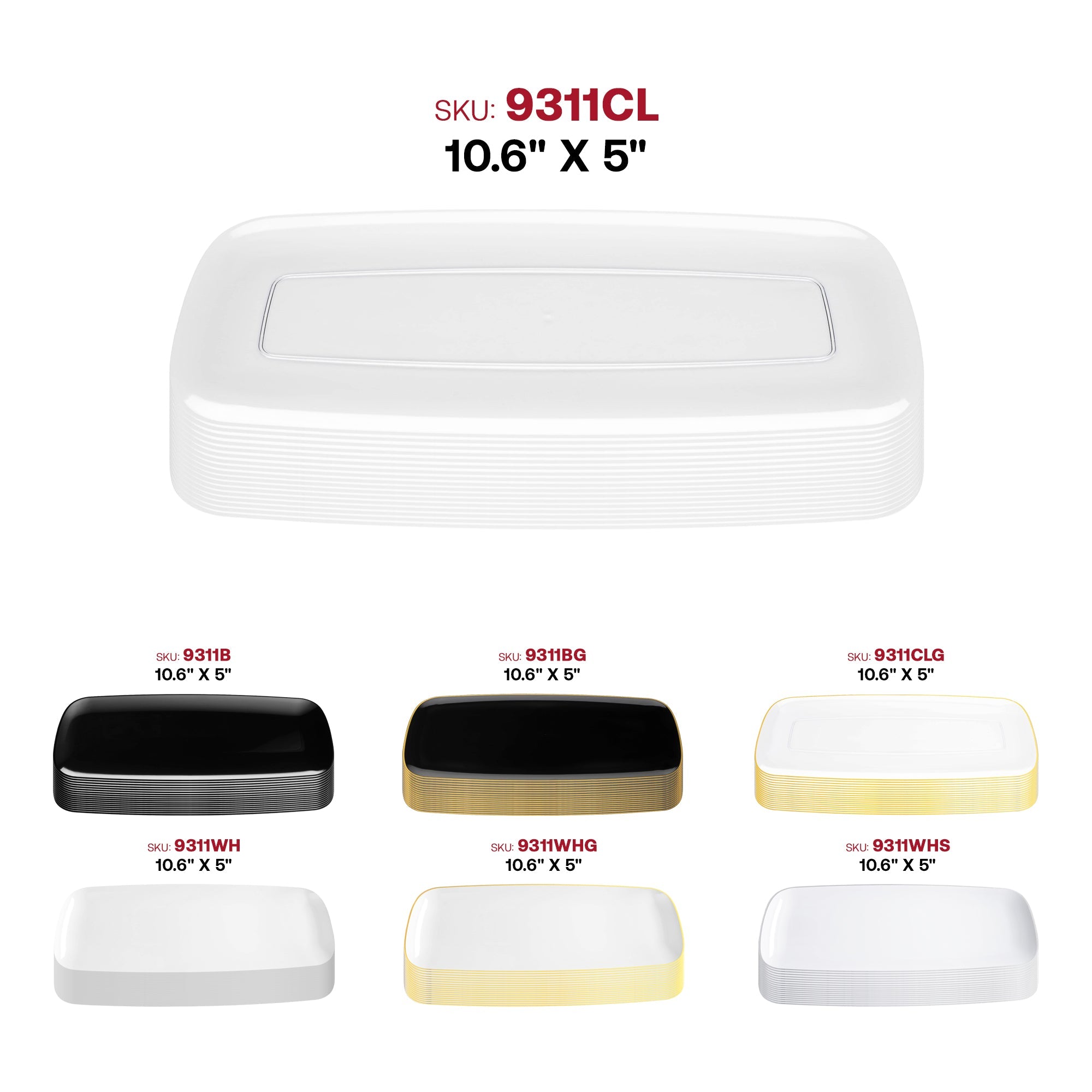 Solid Clear Flat Raised Edge Rectangular Disposable Plastic Plates (10.6" x 5")