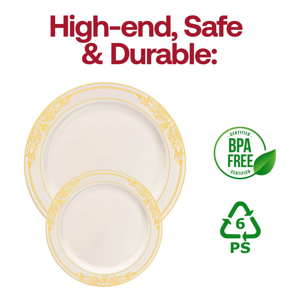 Ivory with Gold Harmony Rim Plastic Dinner Plates (10.25")