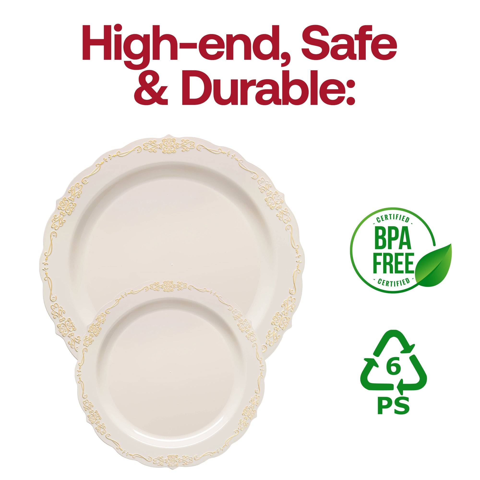 Ivory with Gold Vintage Rim Round Disposable Plastic Appetizer/Salad Plates (7.5")