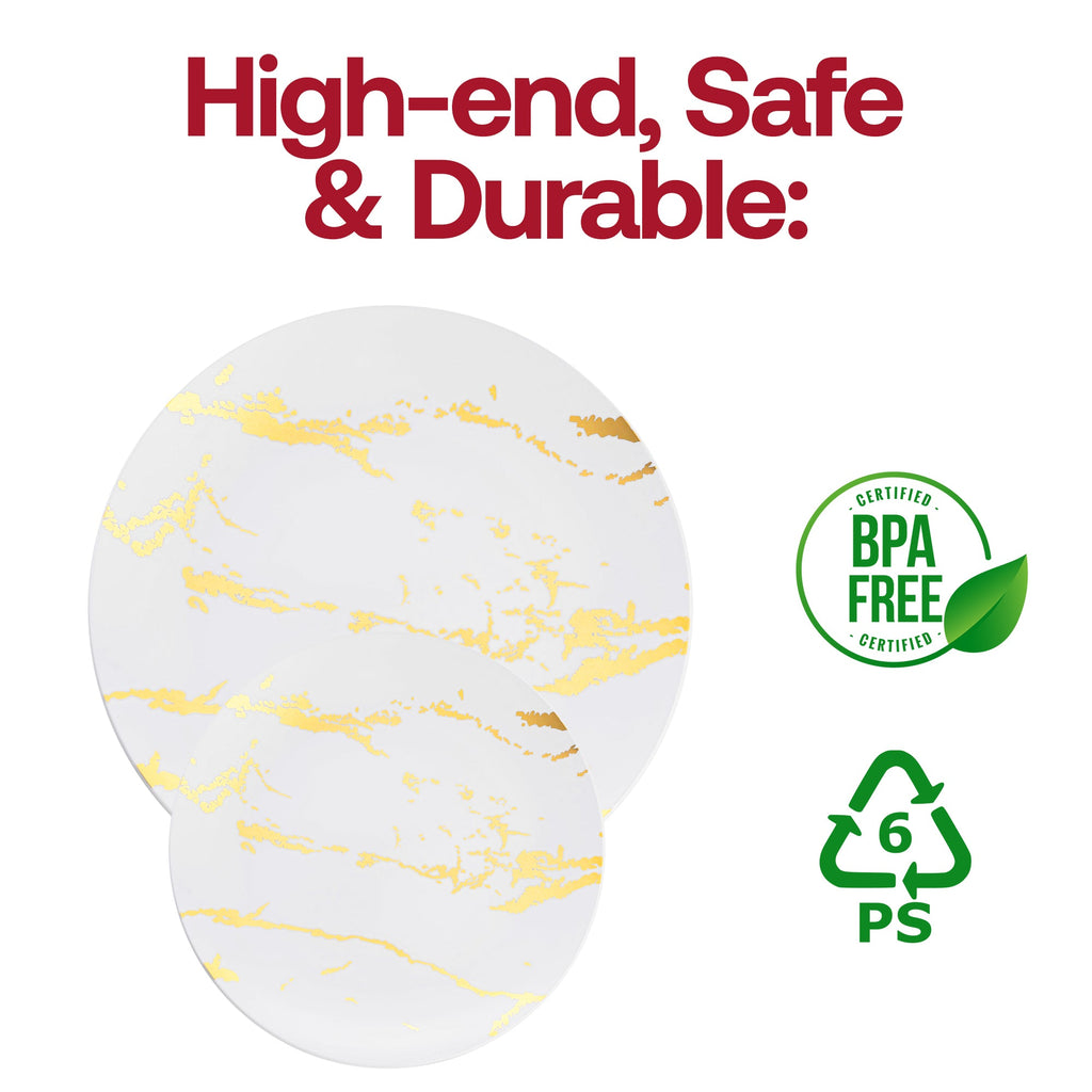 White with Gold Marble Stroke Round Disposable Plastic Dinner Plates (10.25")