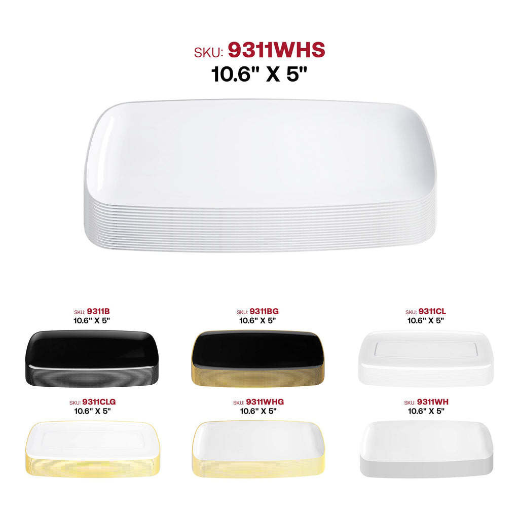White with Silver Rim Flat Raised Edge Rectangular Disposable Plastic Plates (10.6" x 5")