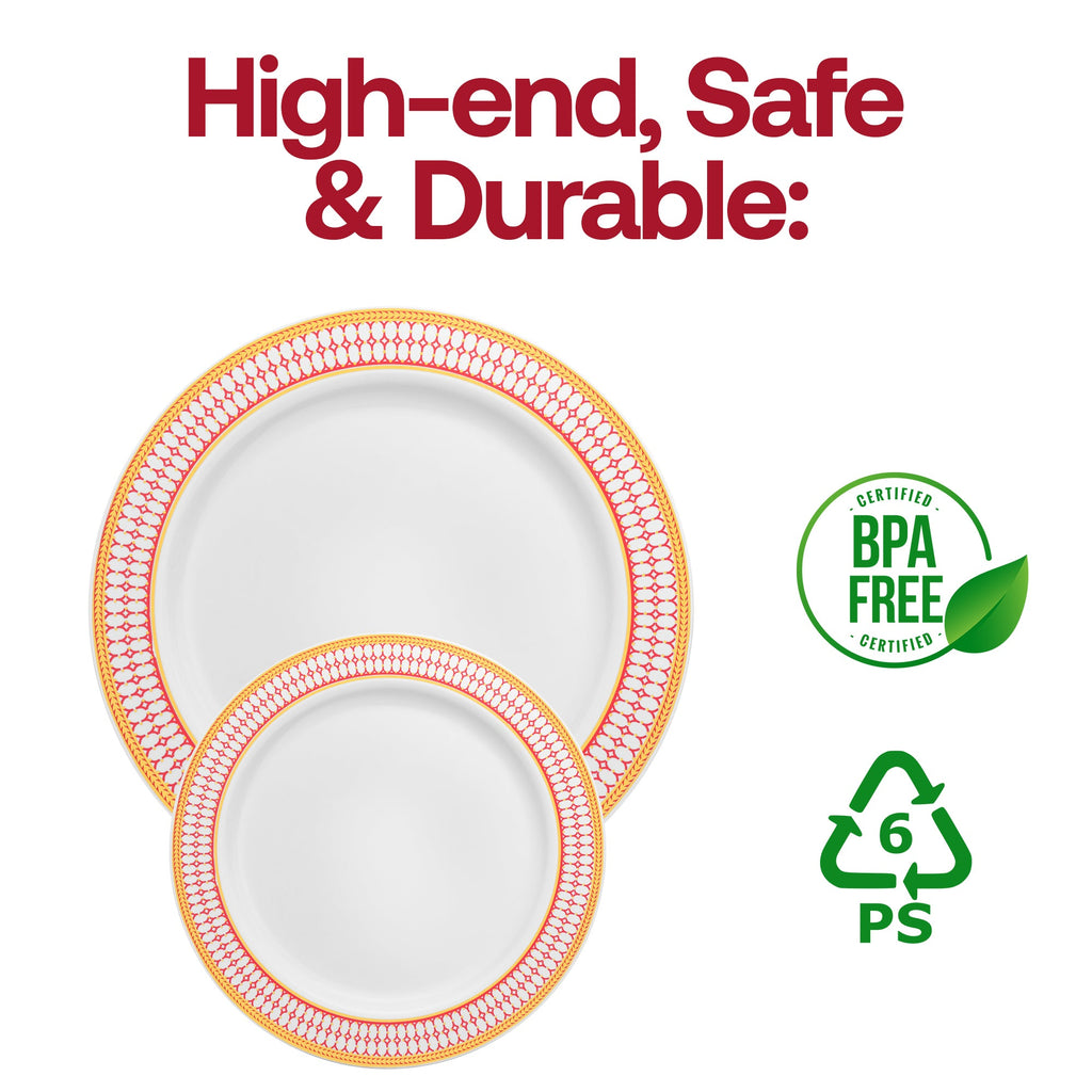 White with Red and Gold Chord Rim Plastic Dinner Plates (10.25")