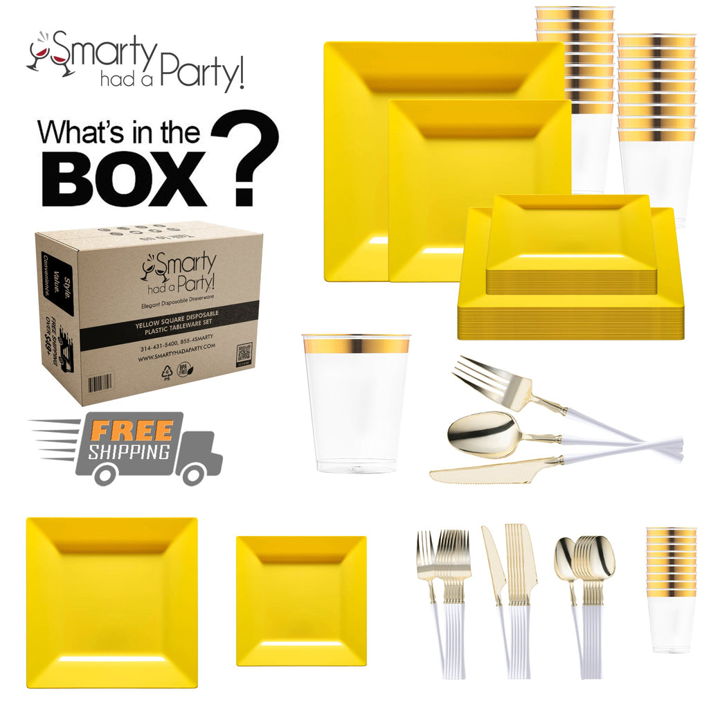 Yellow Square Disposable Plastic Tableware Set