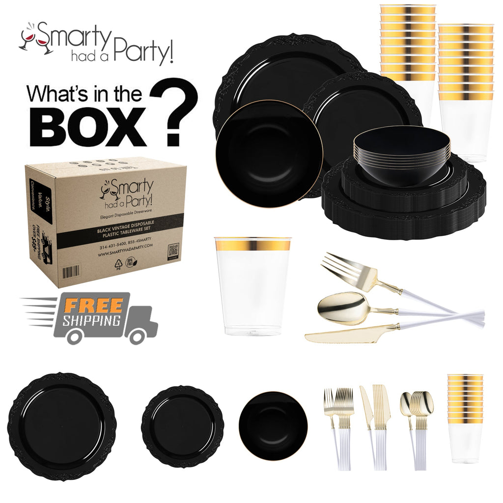 Black Vintage Disposable Plastic Tableware Set