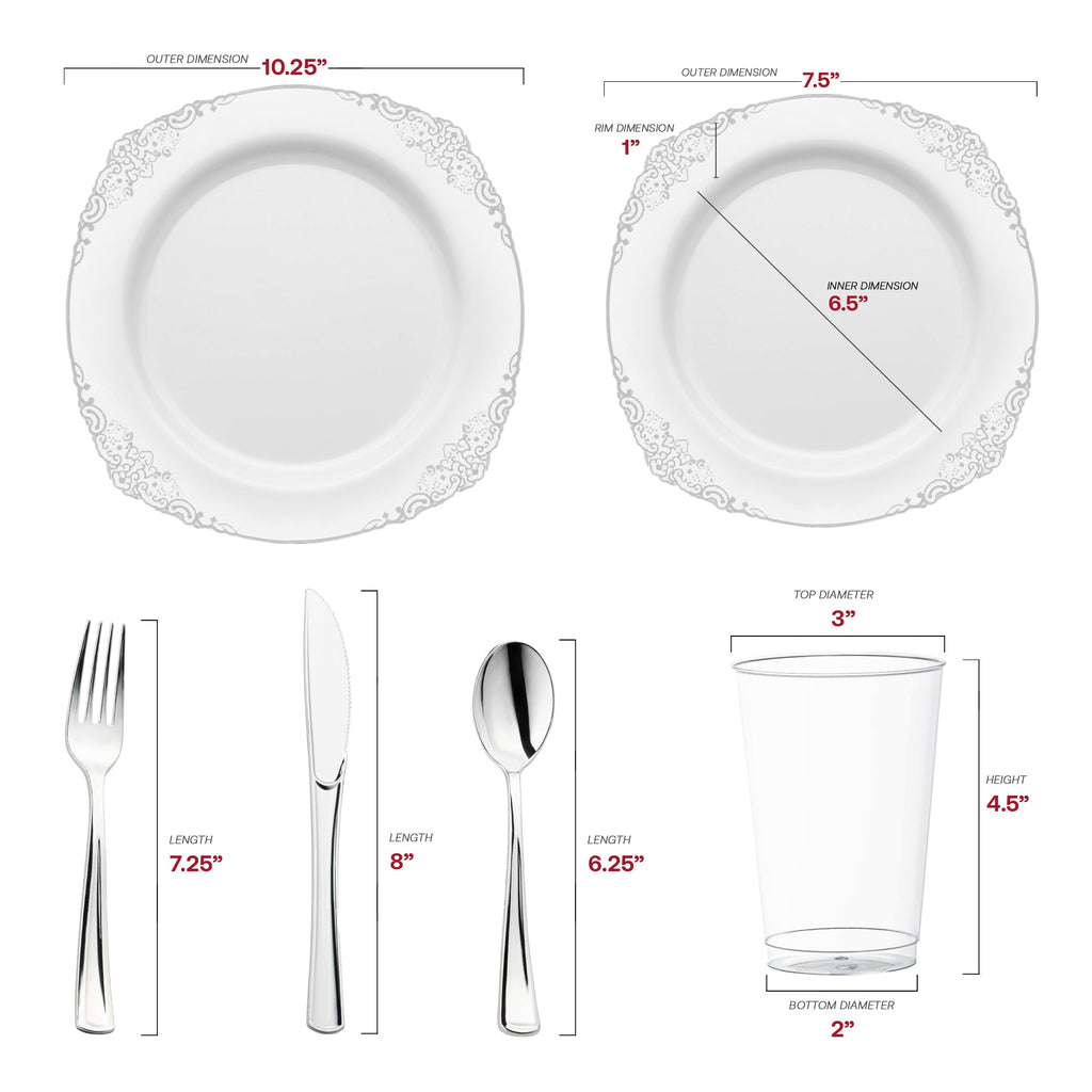 White with Silver Fancy Round Disposable Plastic Wedding Value Set