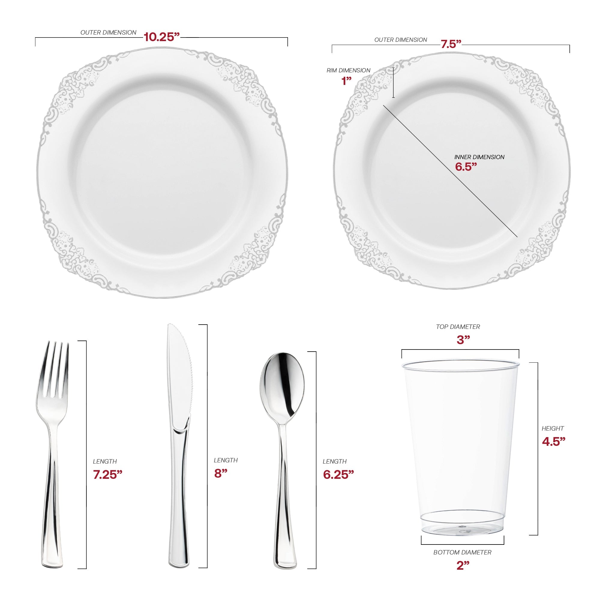 White with Silver Fancy Round Disposable Plastic Wedding Value Set