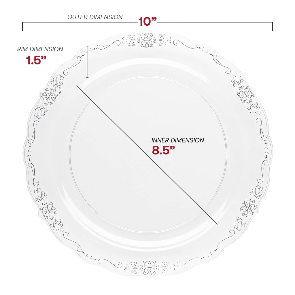 Clear with Silver Vintage Rim Round Disposable Plastic Dinnerware Value Set