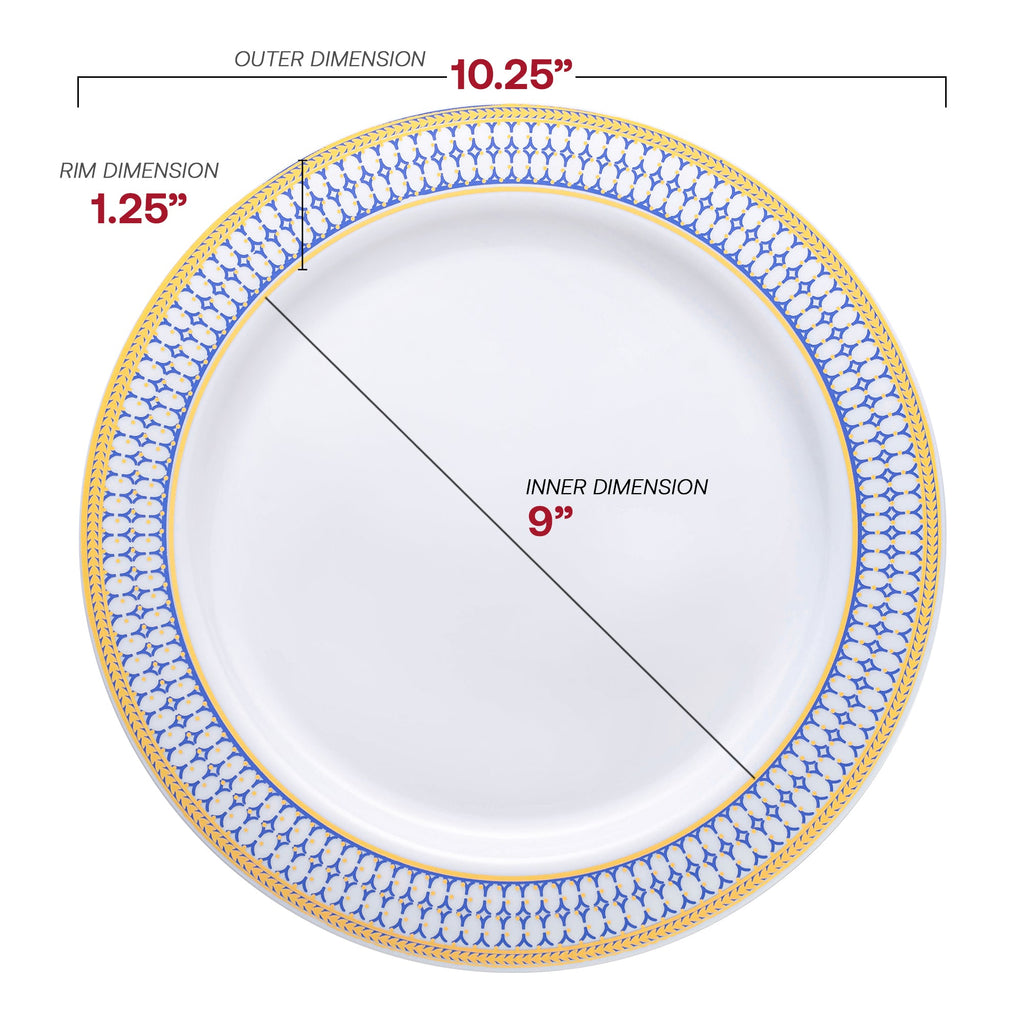White with Blue and Gold Chord Rim Plastic Dinnerware Value Set
