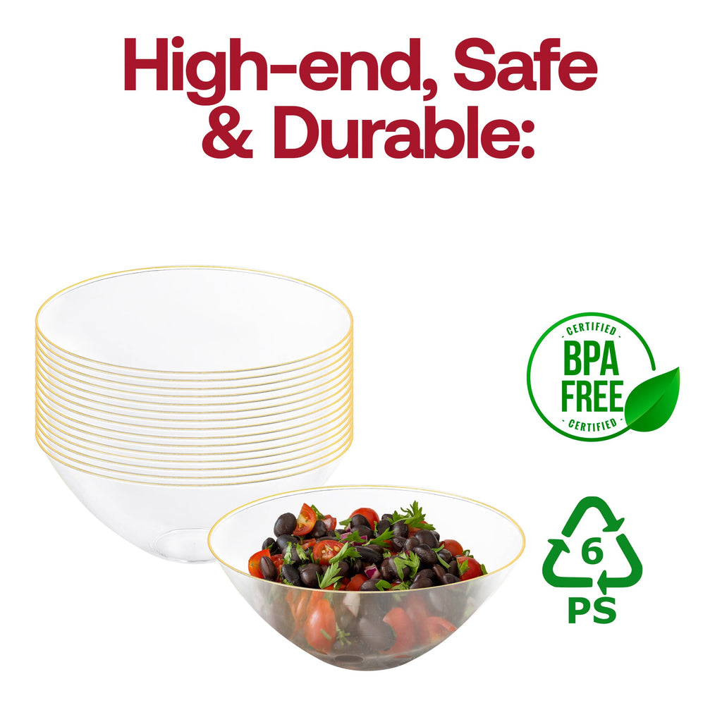 Clear with Gold Rim Organic Round Disposable Plastic Bowls (32 oz.)