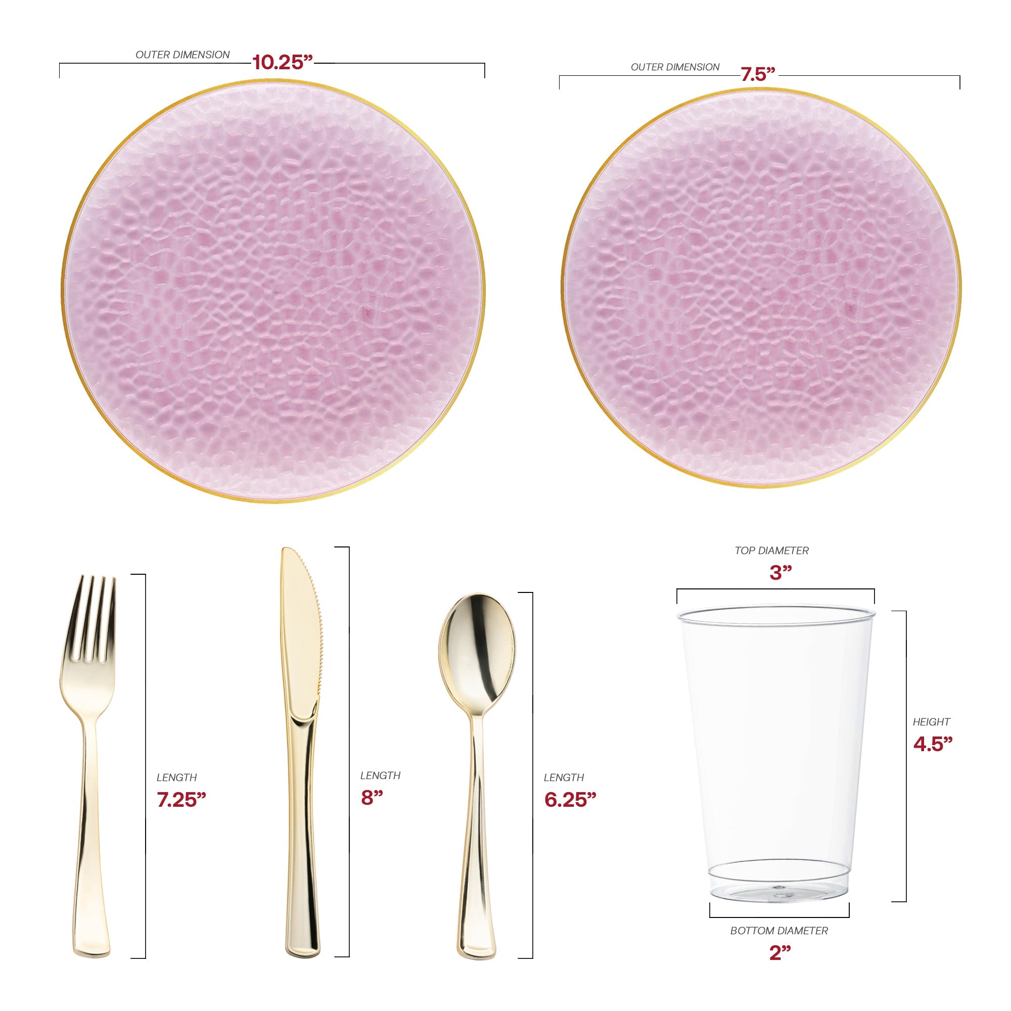 Clear Pink with Gold Rim Hammered Glass Disposable Plastic Wedding Value Set