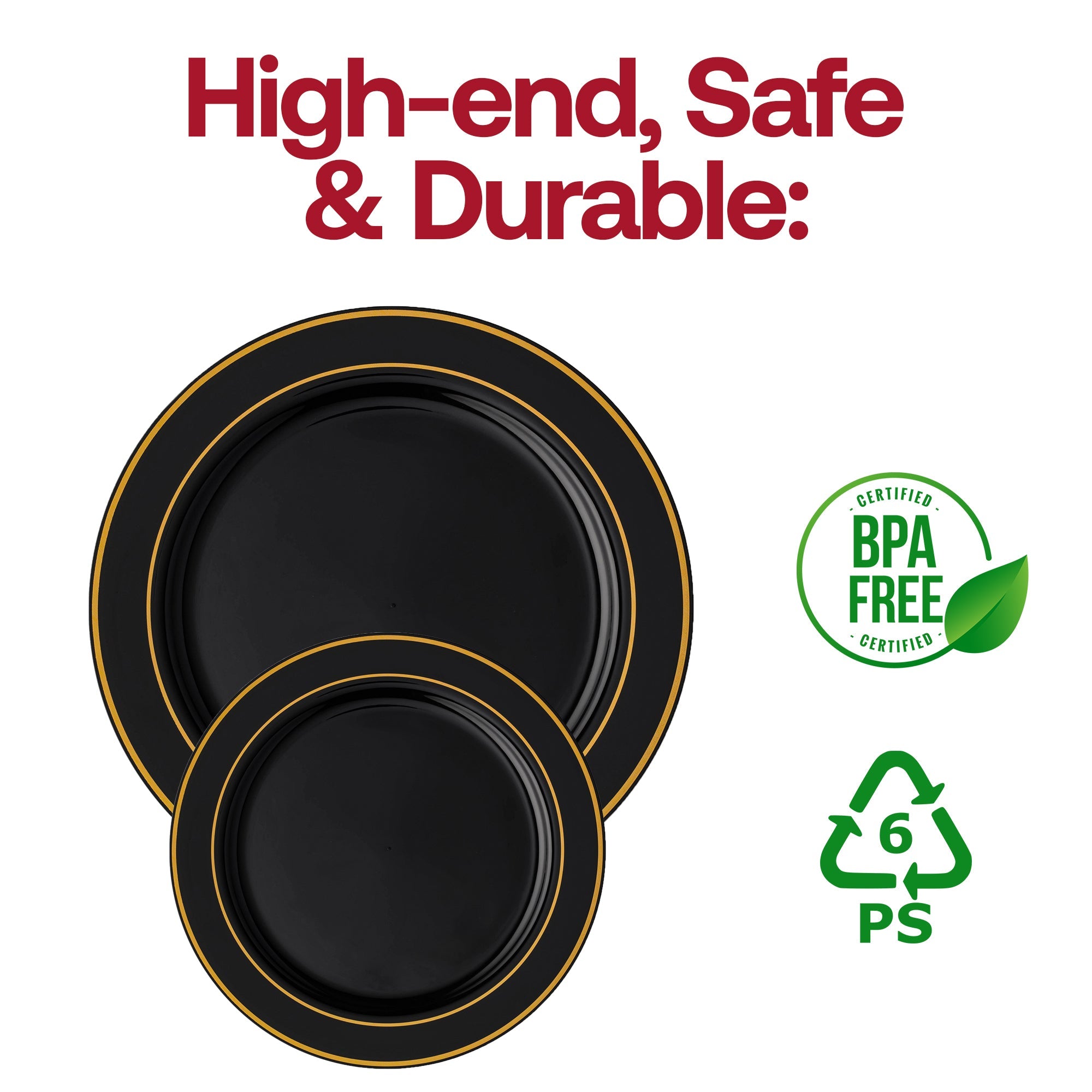 Black with Gold Edge Rim Plastic Dinner Plates (10.25")