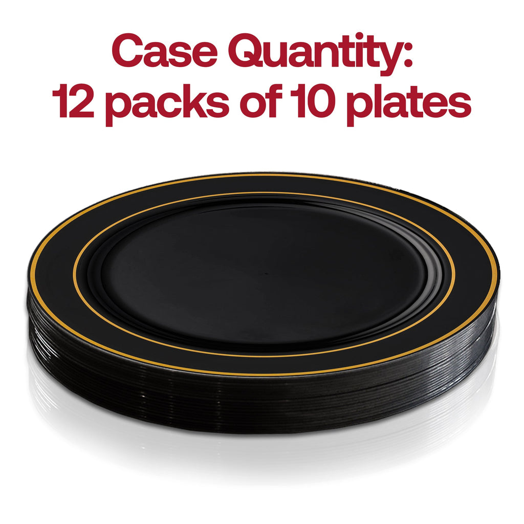 Black with Gold Edge Rim Plastic Dinner Plates (10.25")