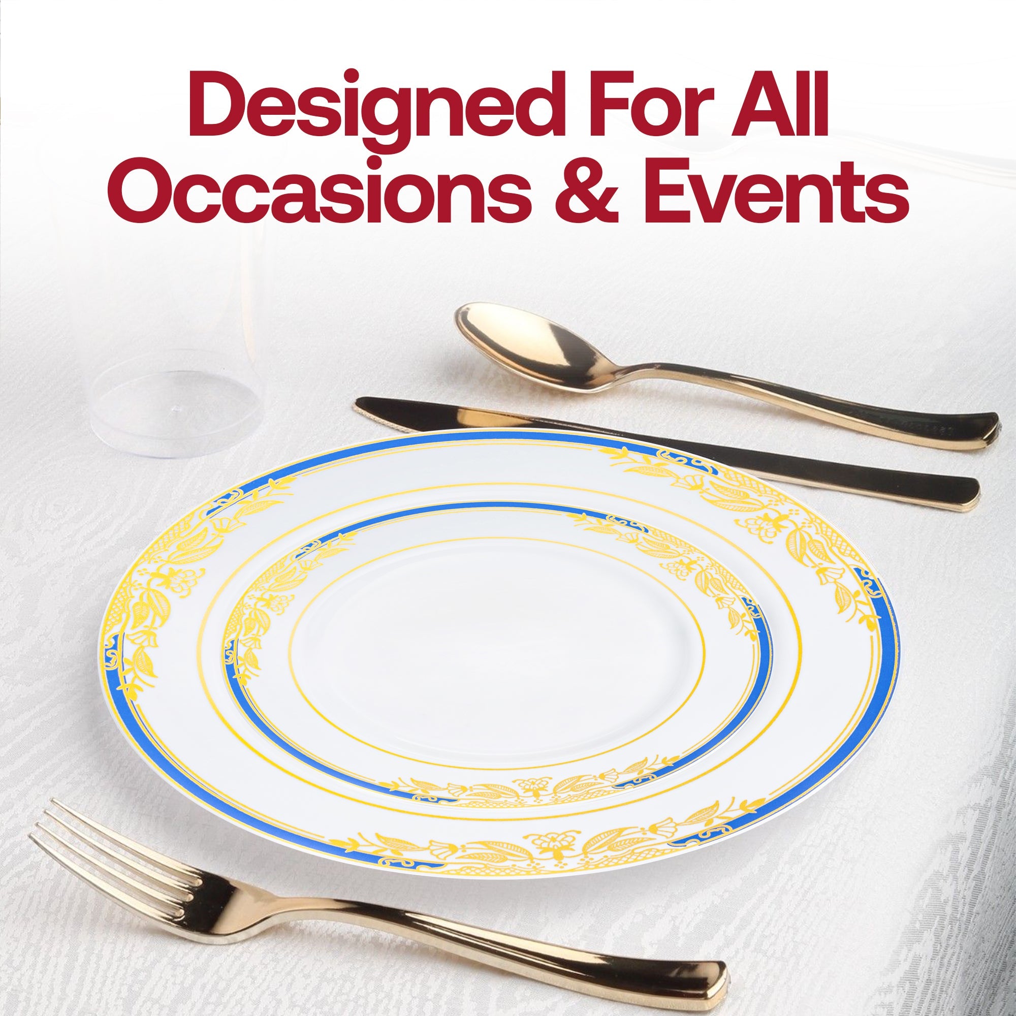 White with Blue and Gold Harmony Rim Plastic Dinner Plates (10.25")