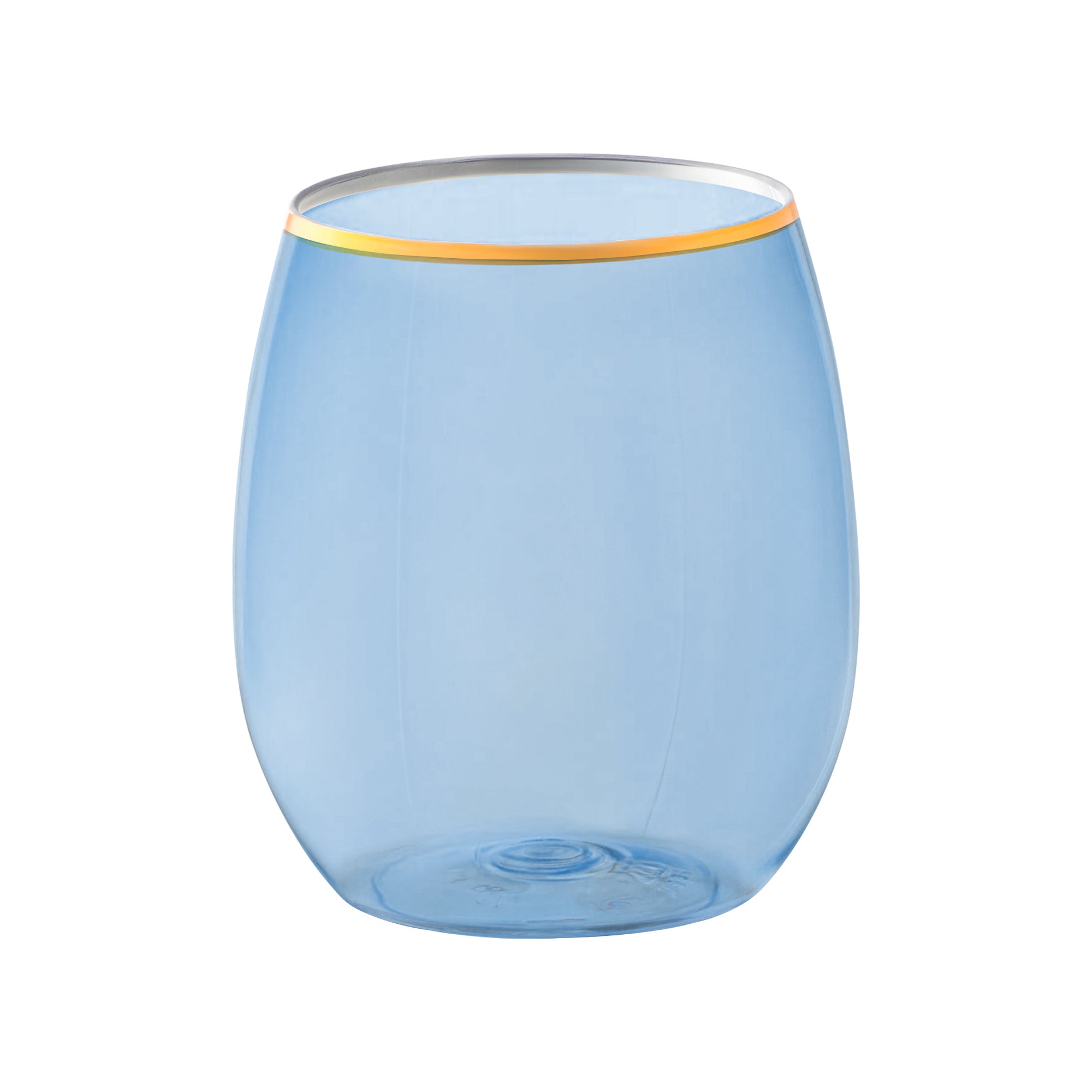 Clear Blue with Gold Elegant Stemless Plastic Wine Glasses (12 oz.)