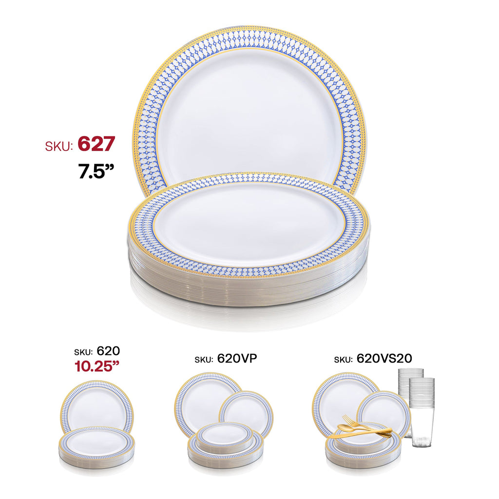 White with Blue and Gold Chord Rim Plastic Appetizer/Salad Plates (7.5")