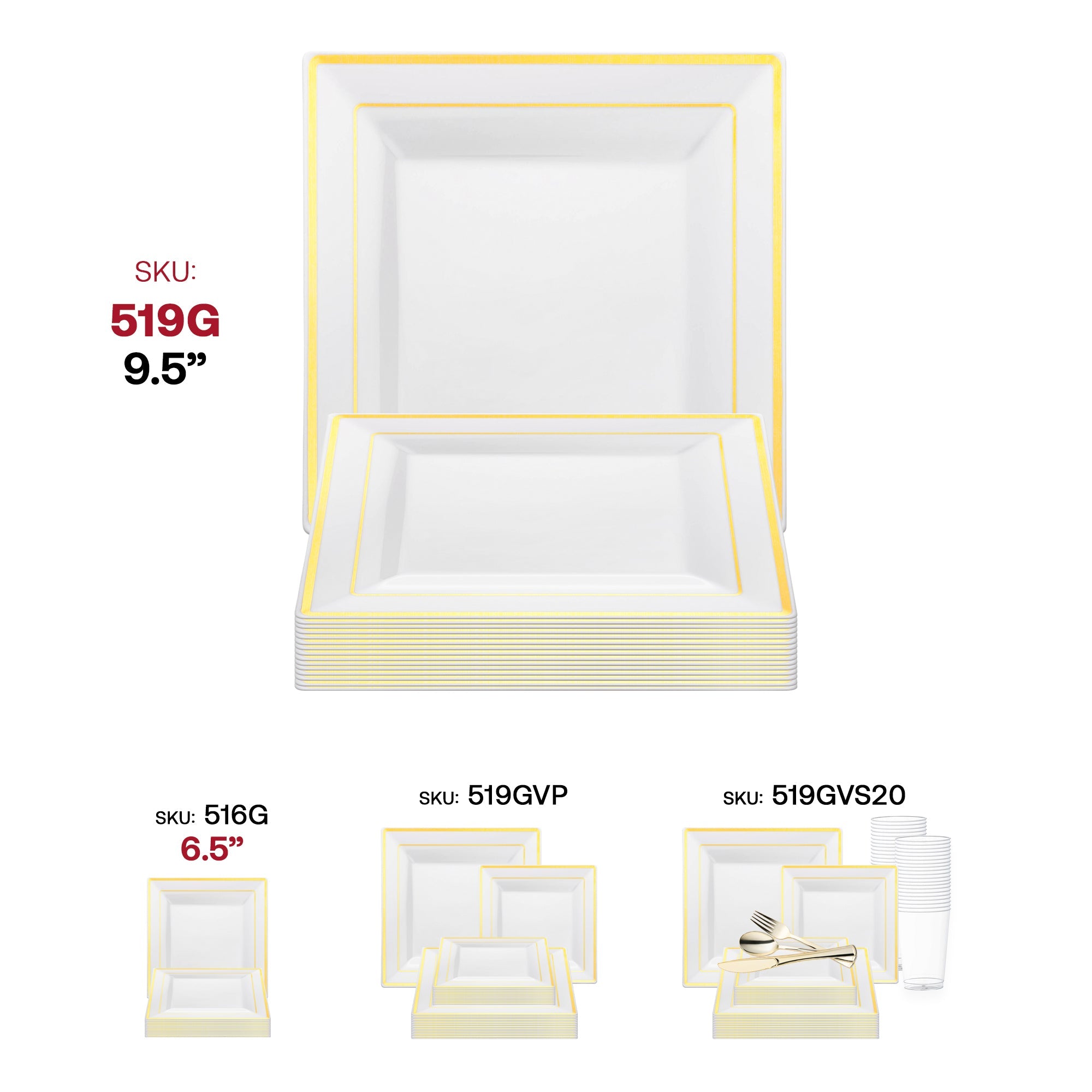 White with Gold Square Edge Rim Plastic Dinner Plates (9.5")