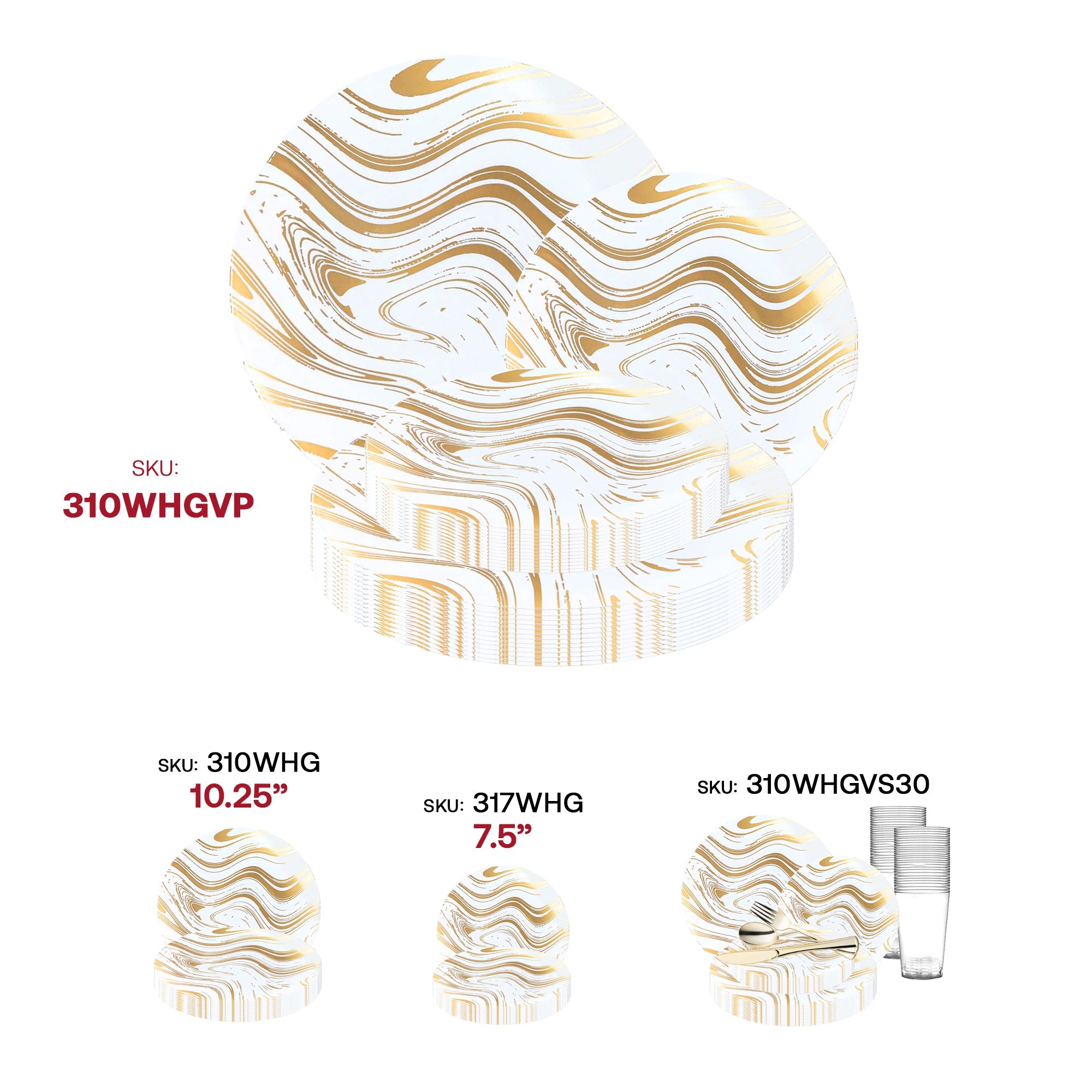 White with Gold Waves Plastic Dinnerware Value Set