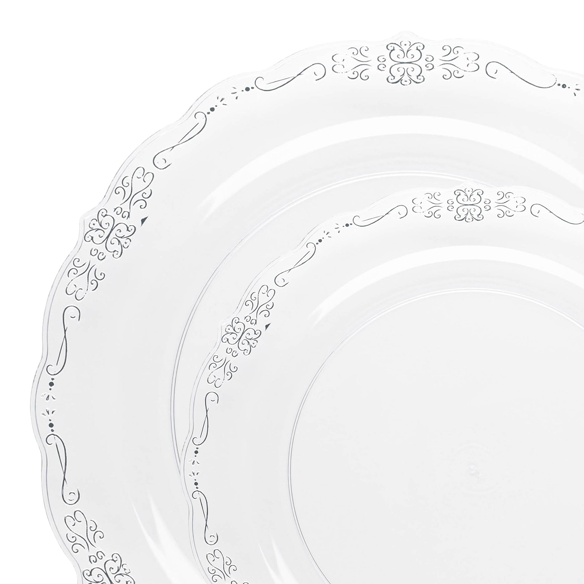 Clear with Silver Vintage Rim Round Disposable Plastic Dinnerware Value Set