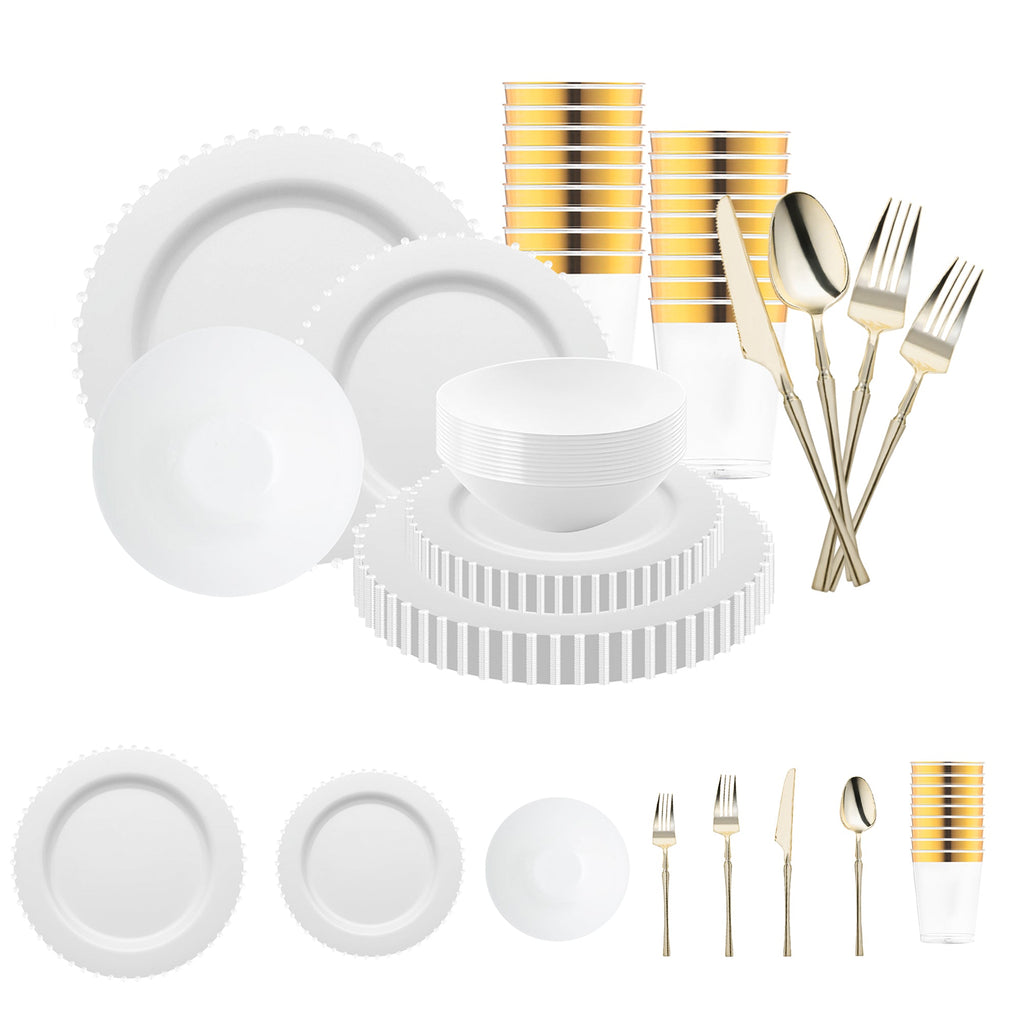 White Pearl String Round Disposable Plastic Tableware Set