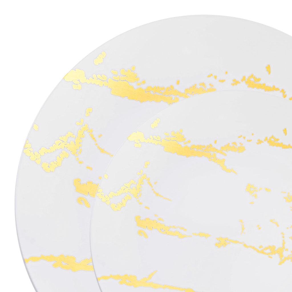 White with Gold Marble Stroke Round Disposable Plastic Dinnerware Value Set