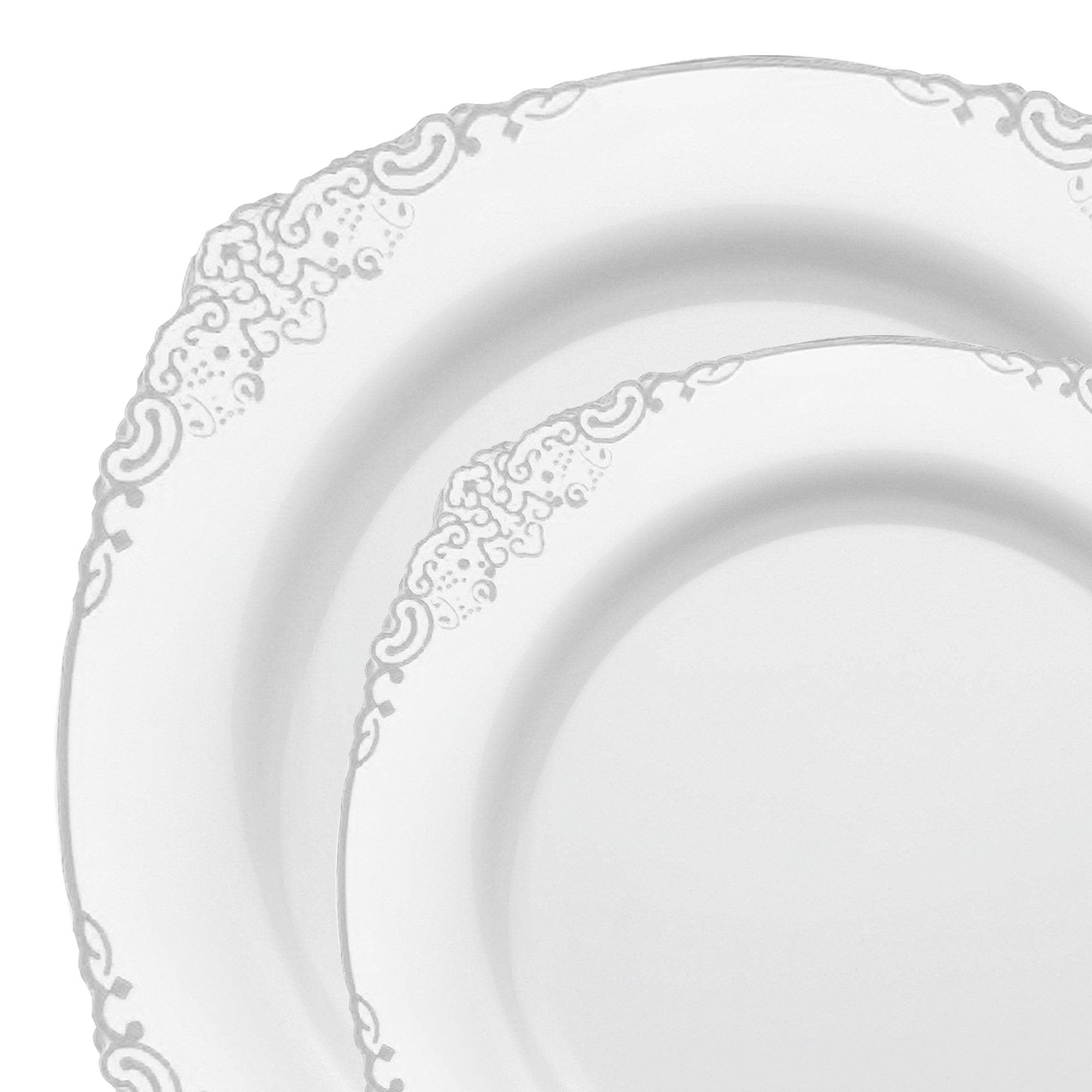 White with Silver Fancy Round Disposable Plastic Dinnerware Value Set