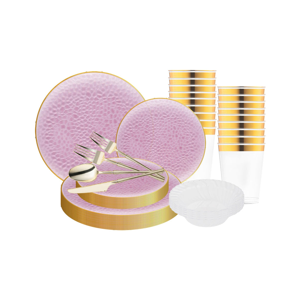 Clear Pink with Gold Rim Hammered Glass Disposable Plastic Tableware Set