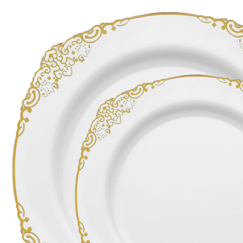 White with Gold Fancy Round Disposable Plastic Dinnerware Value Set