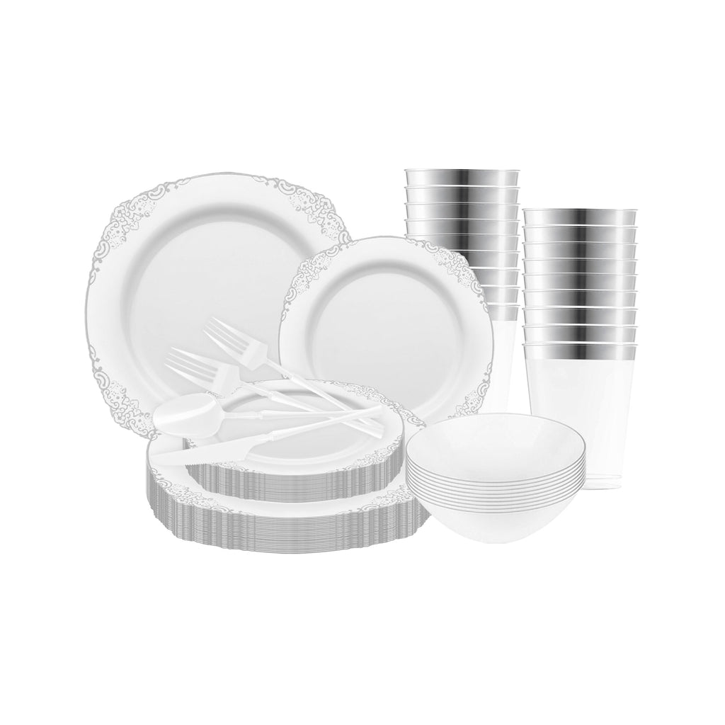 White with Silver Fancy Round Disposable Plastic Tableware Set