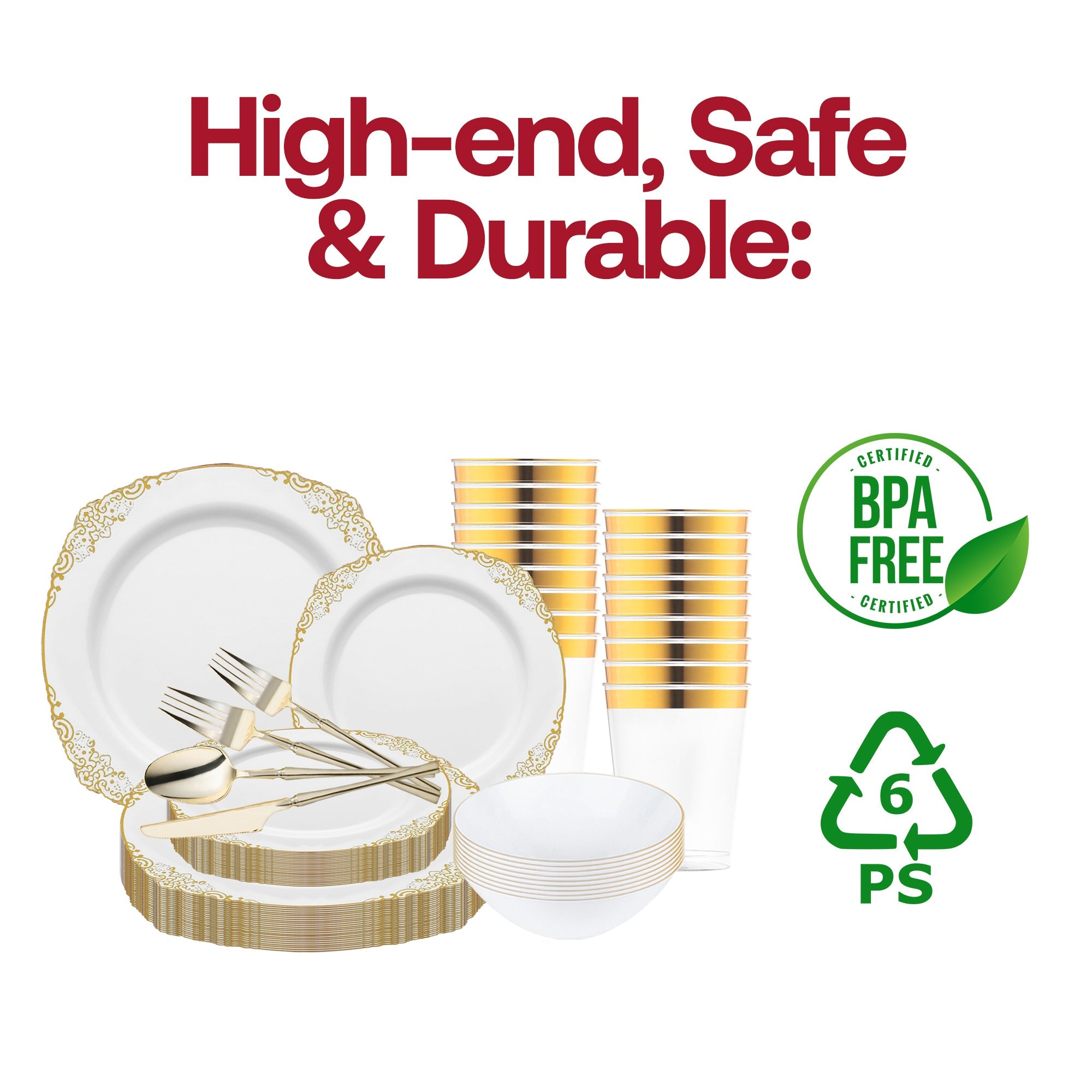 White with Gold Fancy Round Disposable Plastic Tableware Set