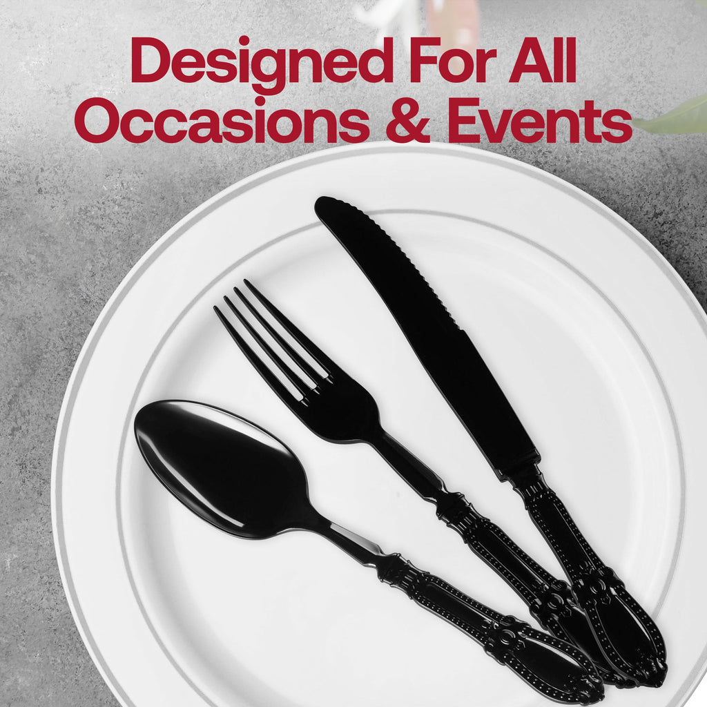 Black Baroque Disposable Plastic Cutlery Set - 20 Spoons, 20 Forks and 20 Knives