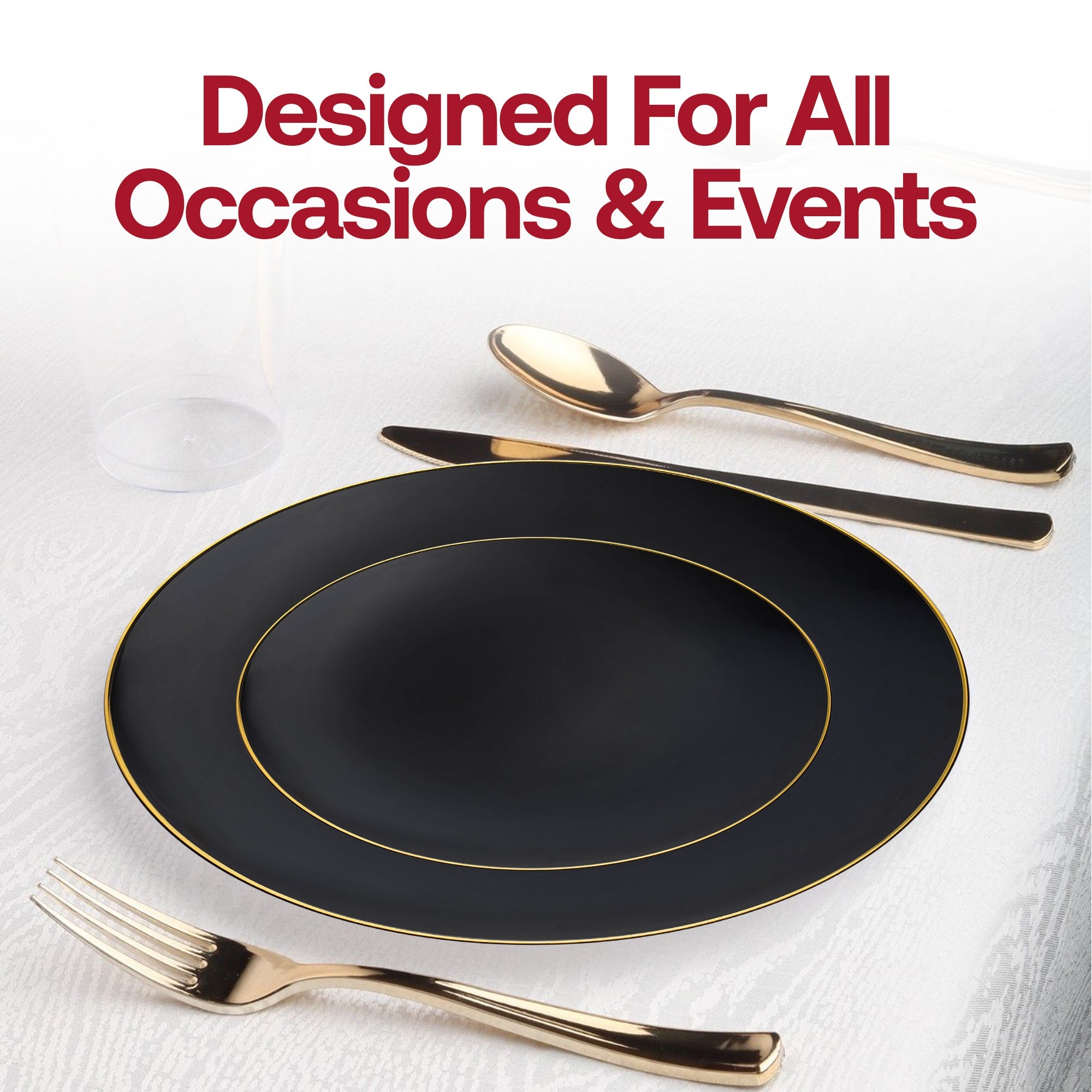 Black with Gold Rim Organic Round Disposable Plastic Dinner Plates (10.25")