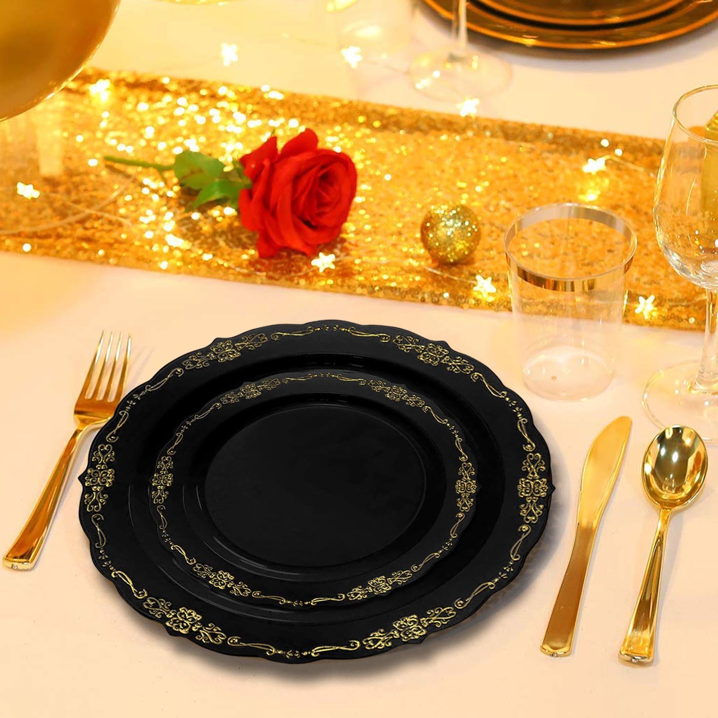 Black with Gold Vintage Rim Round Disposable Plastic Dinner Plates (10")