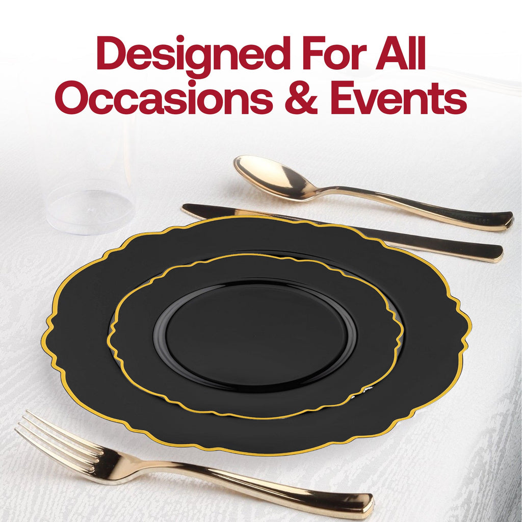 Black with Gold Rim Round Blossom Disposable Plastic Appetizer/Salad Plates (7.5")
