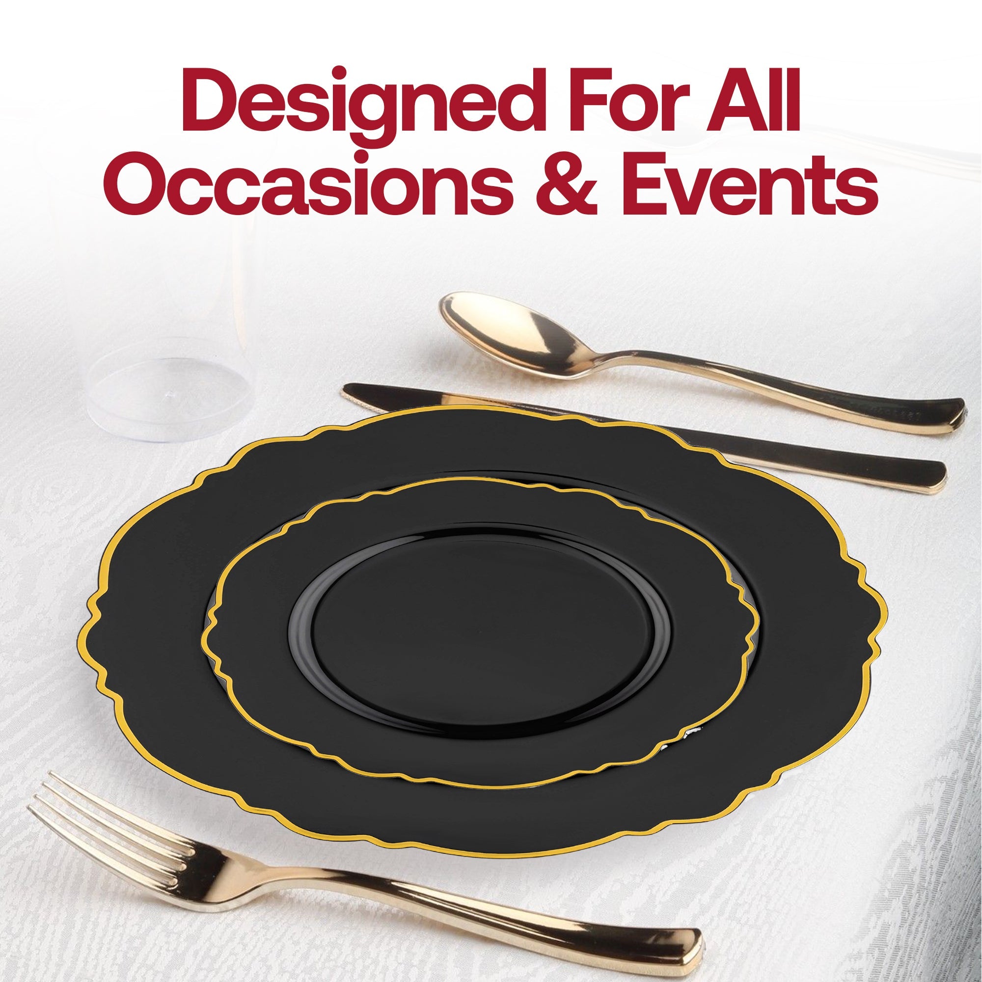 Black with Gold Rim Round Blossom Disposable Plastic Appetizer/Salad Plates (7.5")
