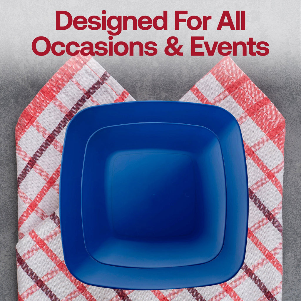 Blue Flat Rounded Square Disposable Plastic Buffet Plates (8.5")
