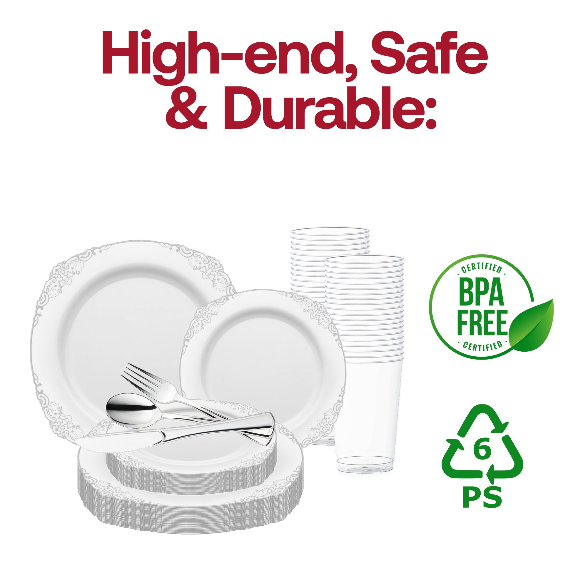 White with Silver Fancy Round Disposable Plastic Wedding Value Set