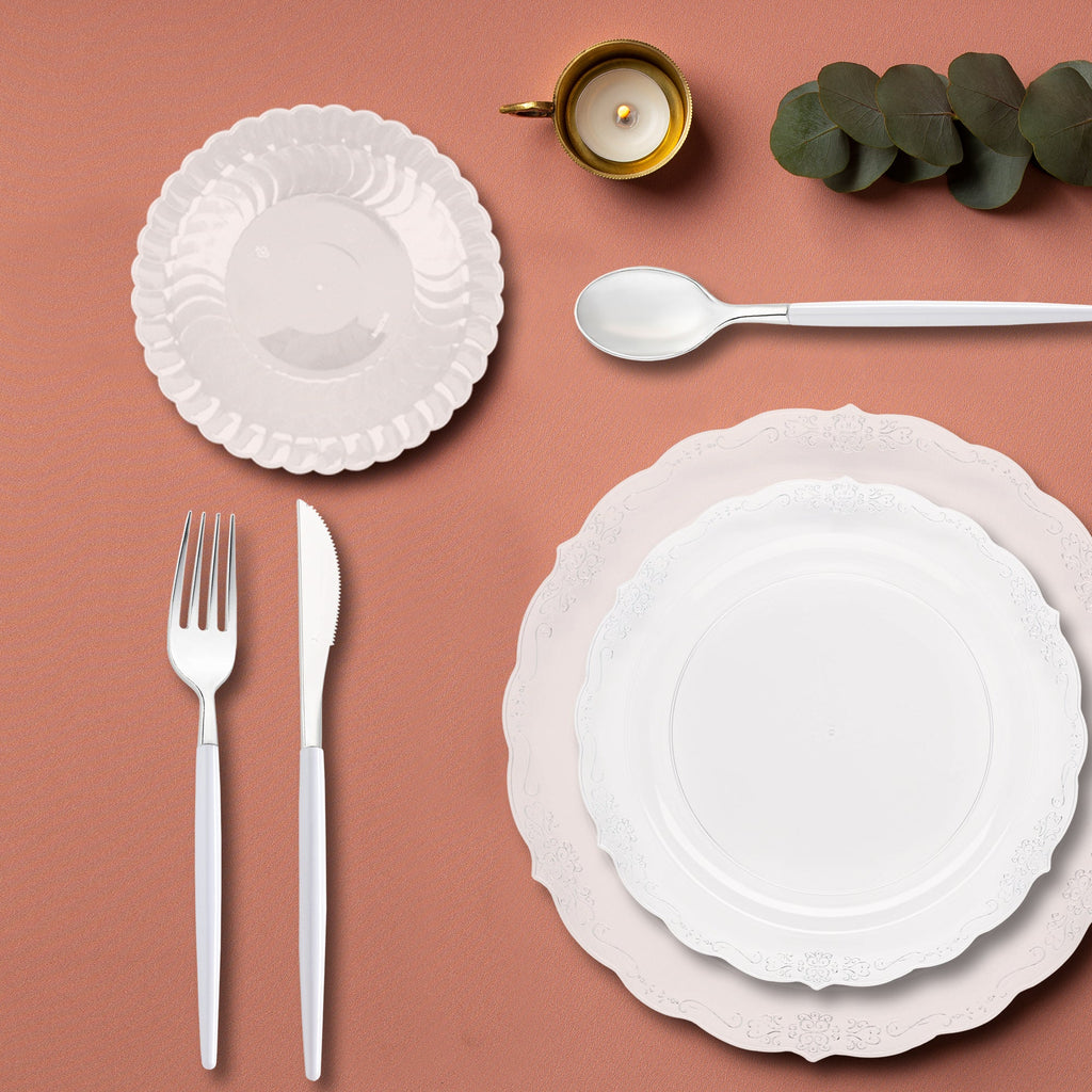 Clear with Silver Vintage Disposable Plastic Tableware Set