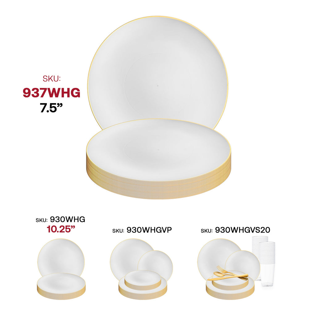 White with Gold Rim Organic Round Disposable Plastic Appetizer/Salad Plates (7.5")