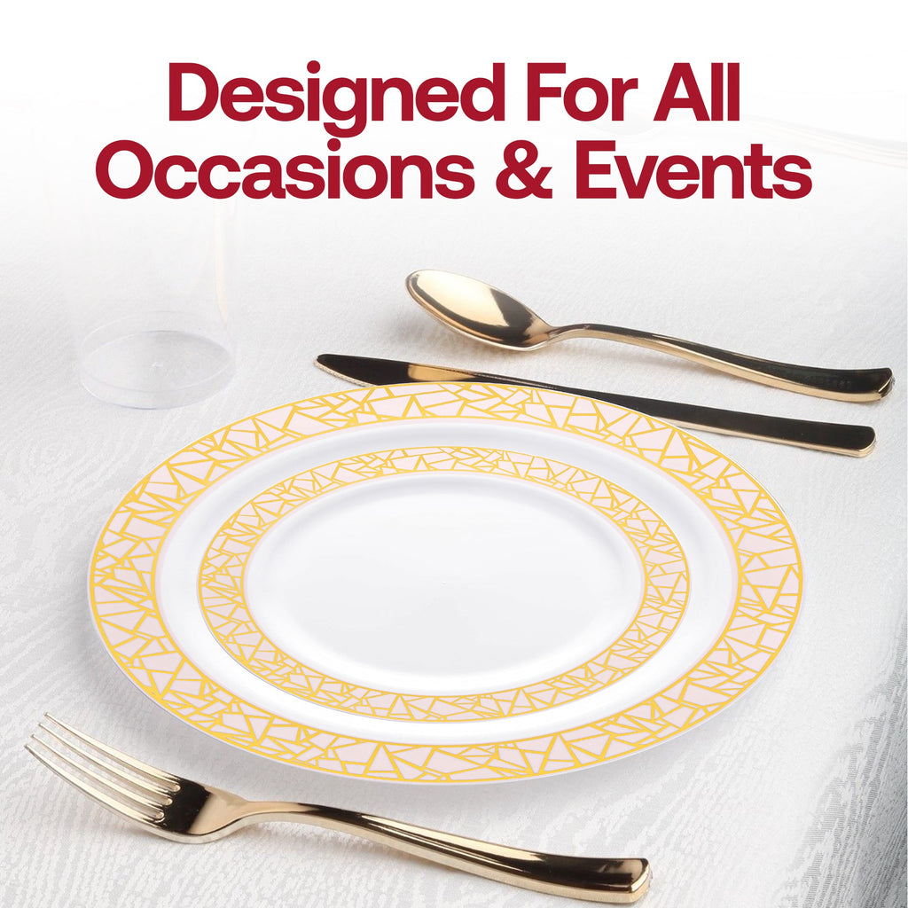 White with Pink and Gold Mosaic Rim Round Plastic Appetizer/Salad Plates (7.5")