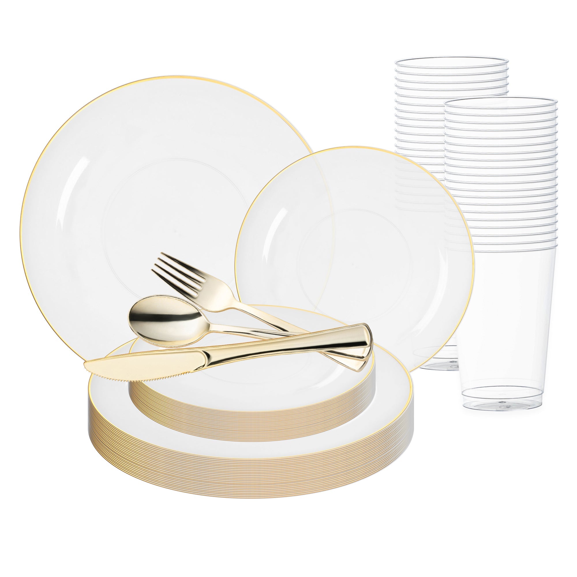 Clear with Gold Rim Organic Round Plastic Plastic Wedding Value Set