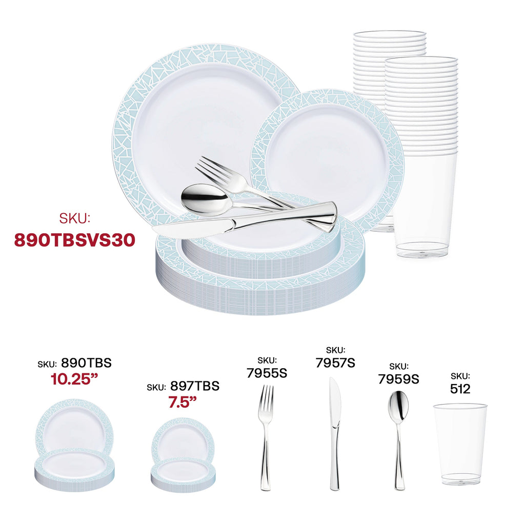White with Turquoise Blue and Silver Mosaic Rim Round Plastic Wedding Value Set