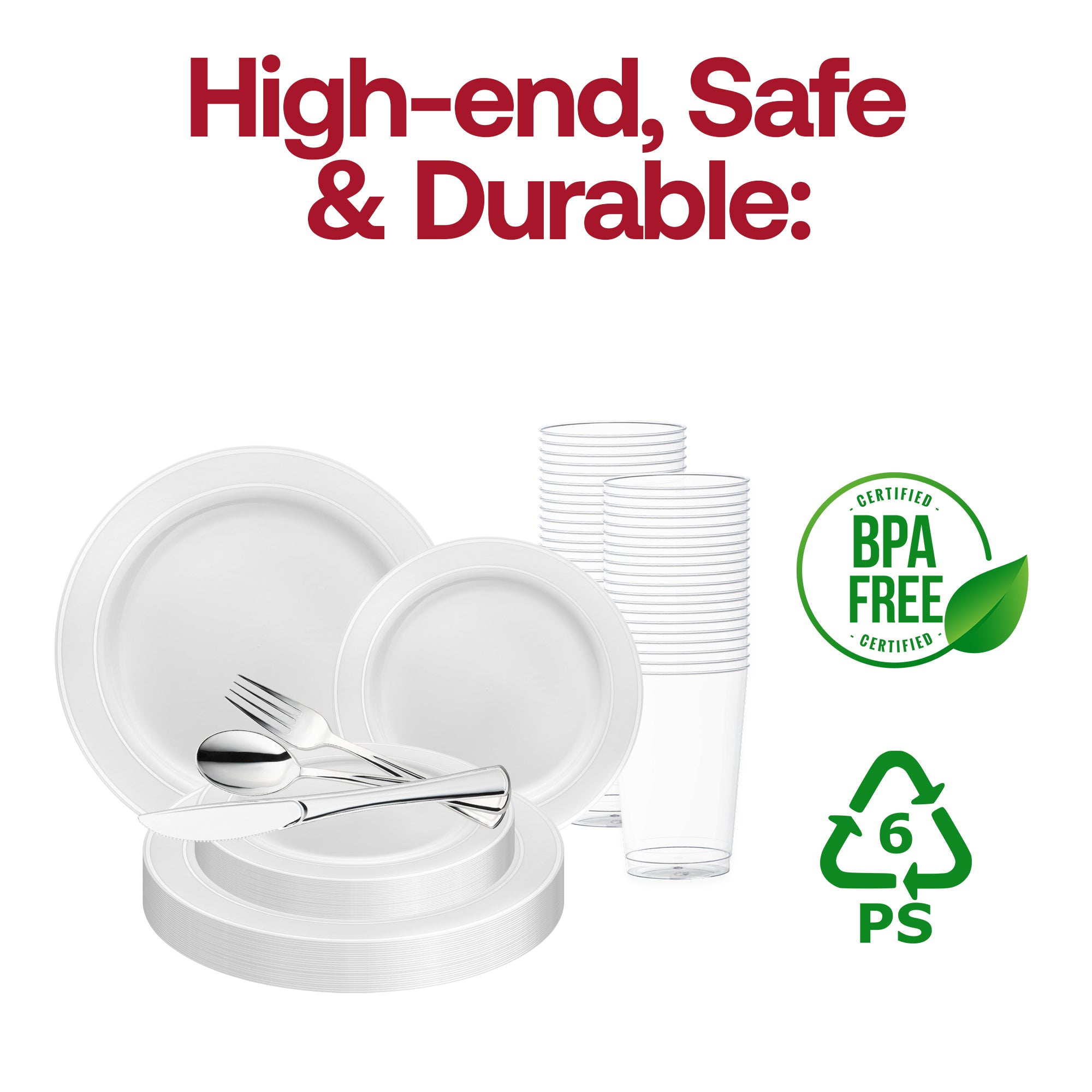 White with Silver Edge Rim Plastic Wedding Value Set