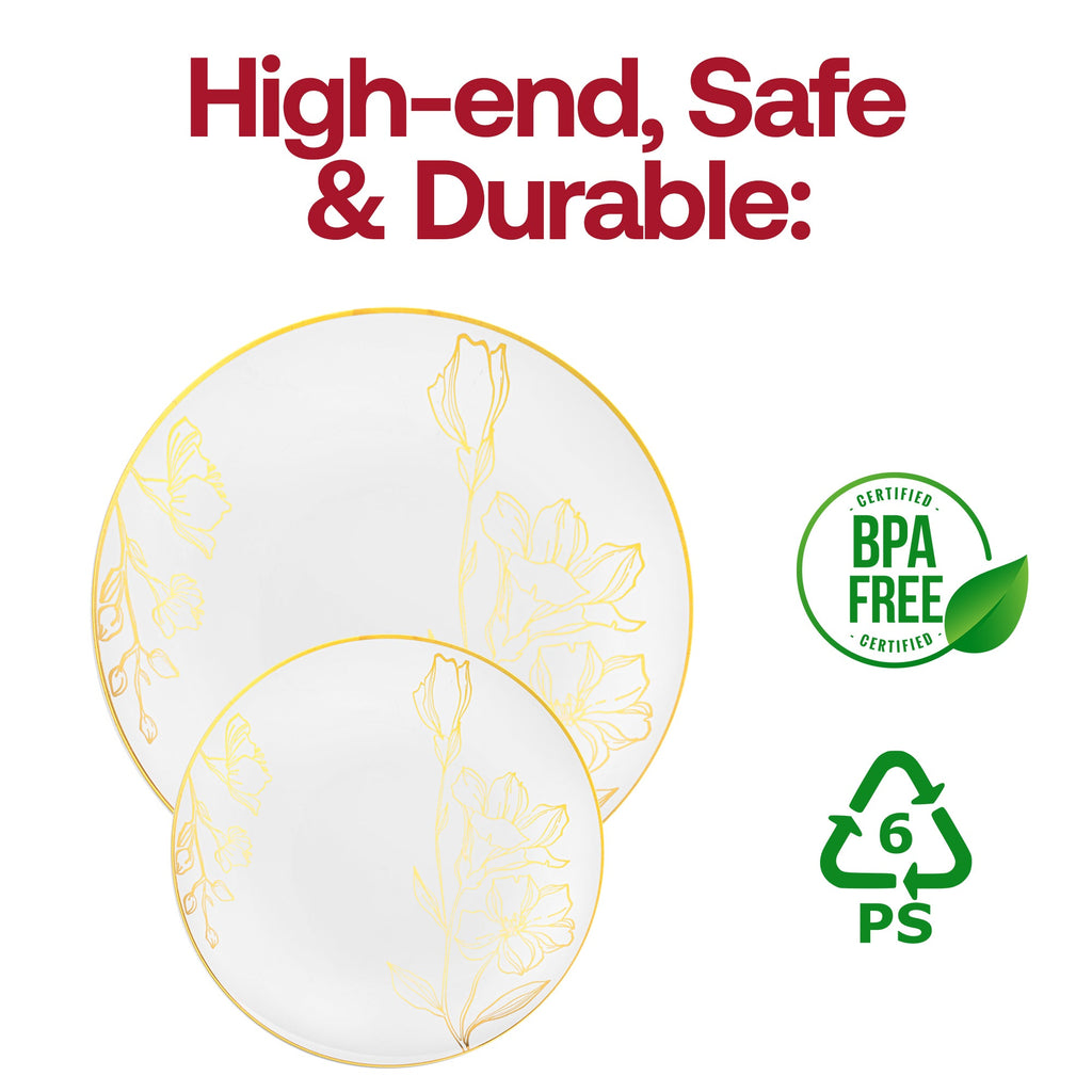 White with Gold Antique Floral Round Disposable Plastic Dinnerware Value Set