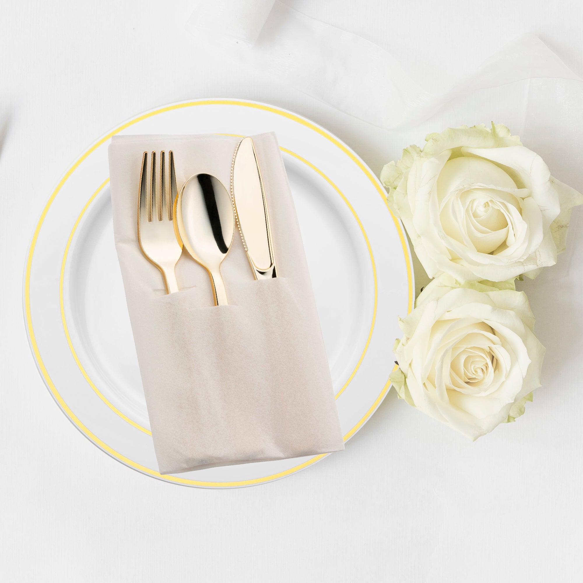 Gold Plastic Cutlery in White Pocket Napkin Set