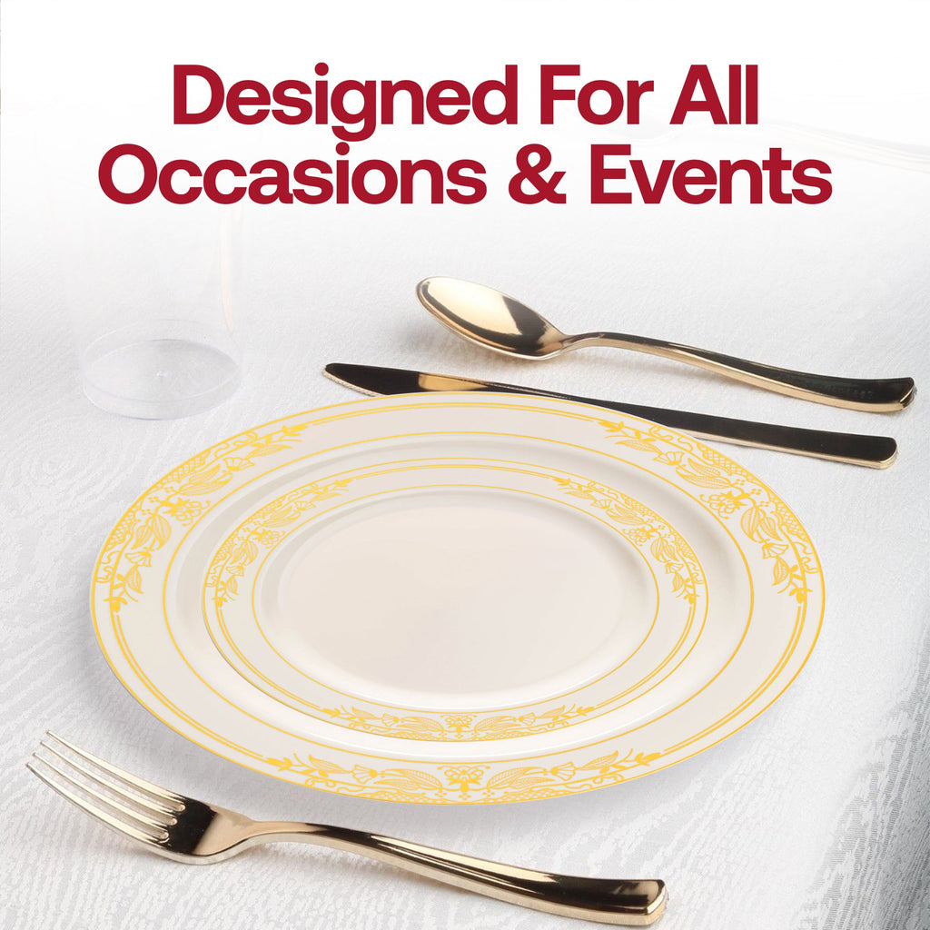 Ivory with Gold Harmony Rim Plastic Dinner Plates (10.25")
