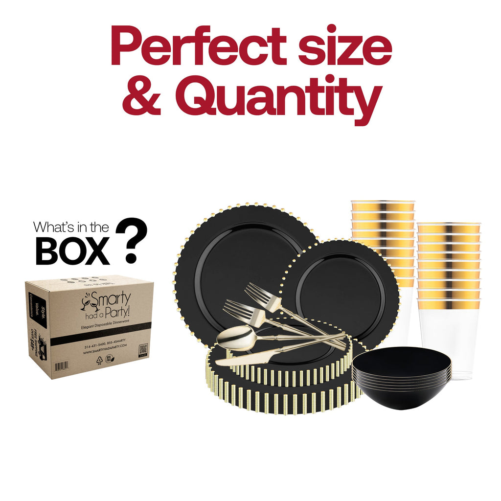 Black with Gold Pearl String Round Disposable Plastic Tableware Set